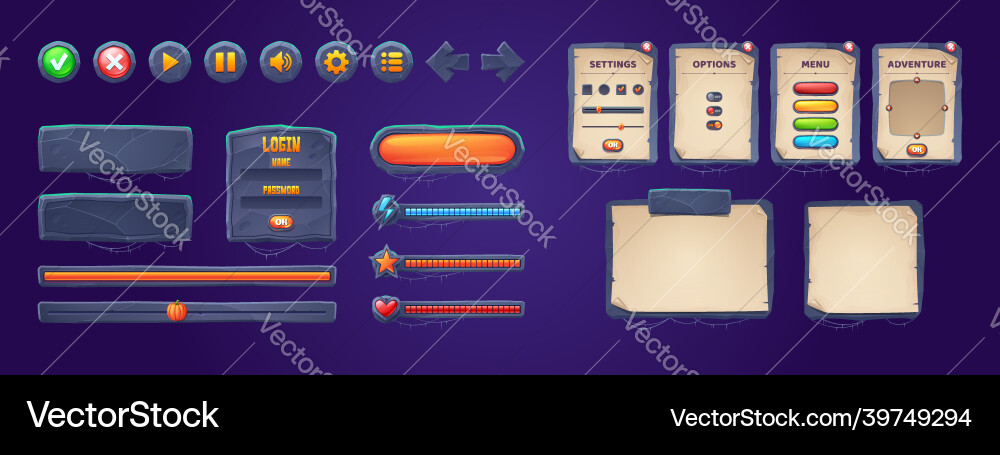 Set of game stone frames bars ui scrolls boards vector image