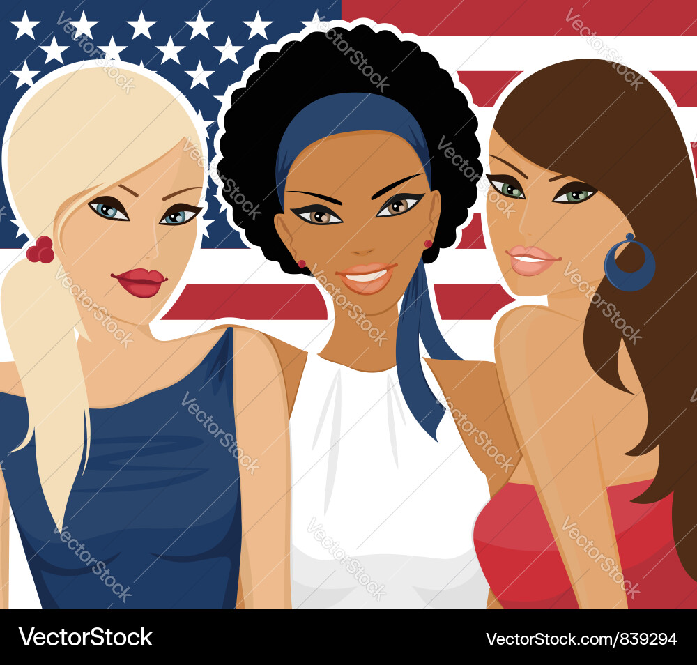 Three Young Women with American Flag Vector Image