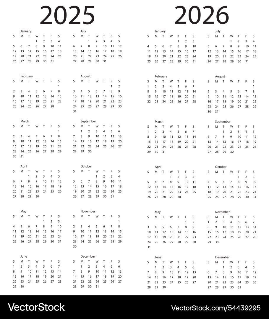 Calendar 2025 2026 year the week starts on Vector Image