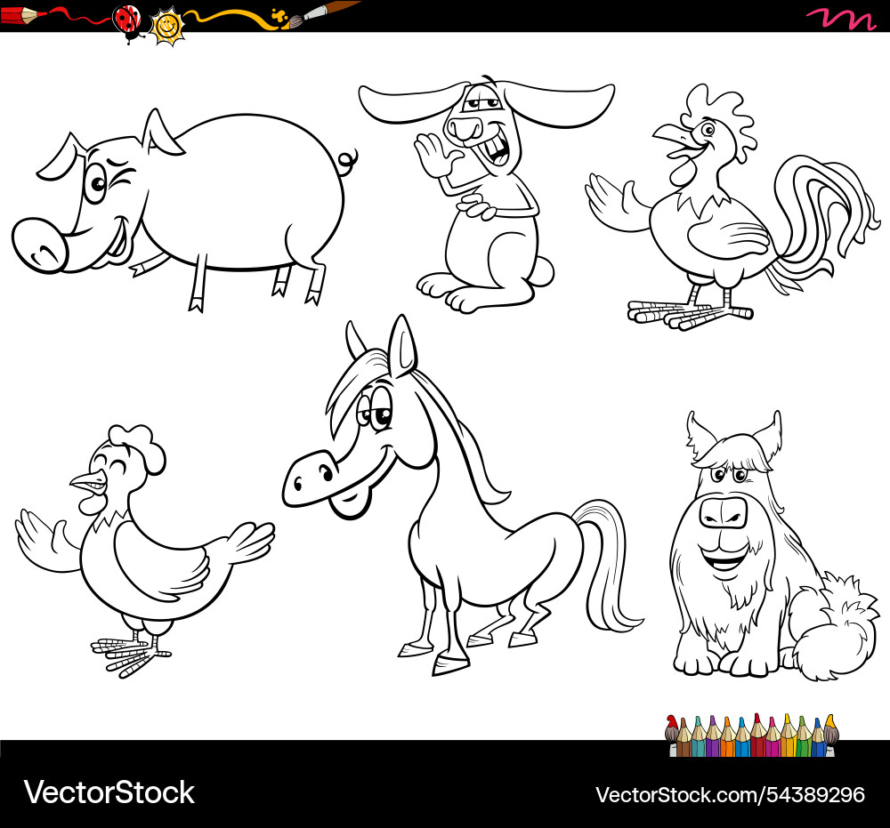 Cartoon farm animals characters set coloring page Cartoon farm animals characters set coloring page vector image