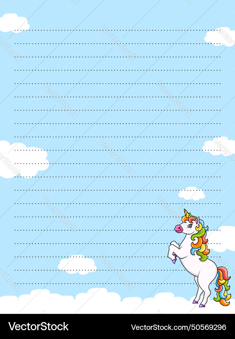 Colored sheet template for notes with unicorn Colored sheet template for notes with unicorn vector image