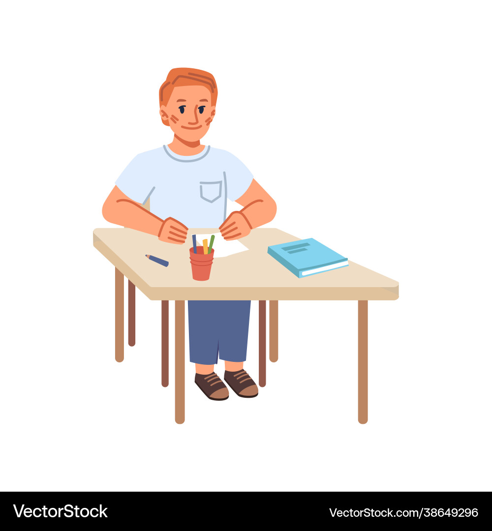 School boy sitting table drawing with pencils School boy sitting table drawing with pencils vector image