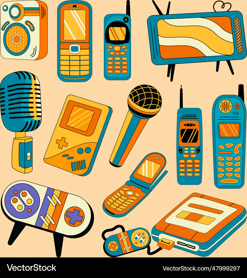 Electronic devices collection with pop retro style Vector Image