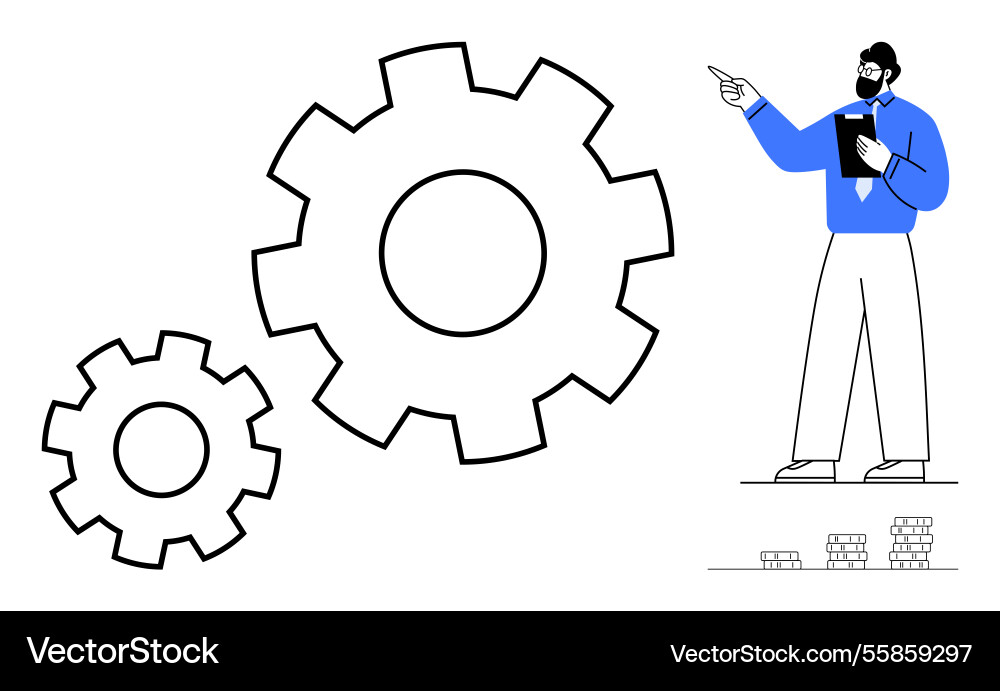 Manager discussing work process with gears Vector Image