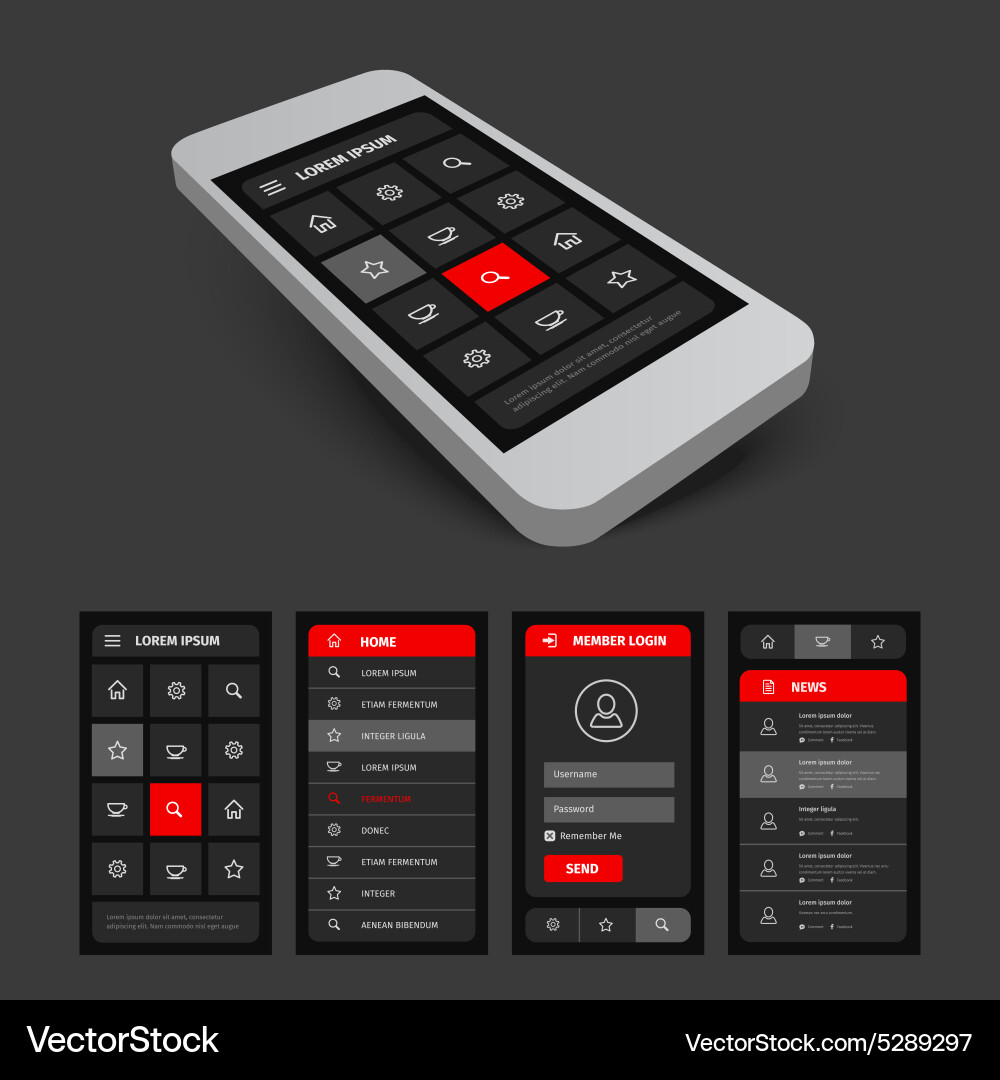 Set of black and red mobile ui vector image