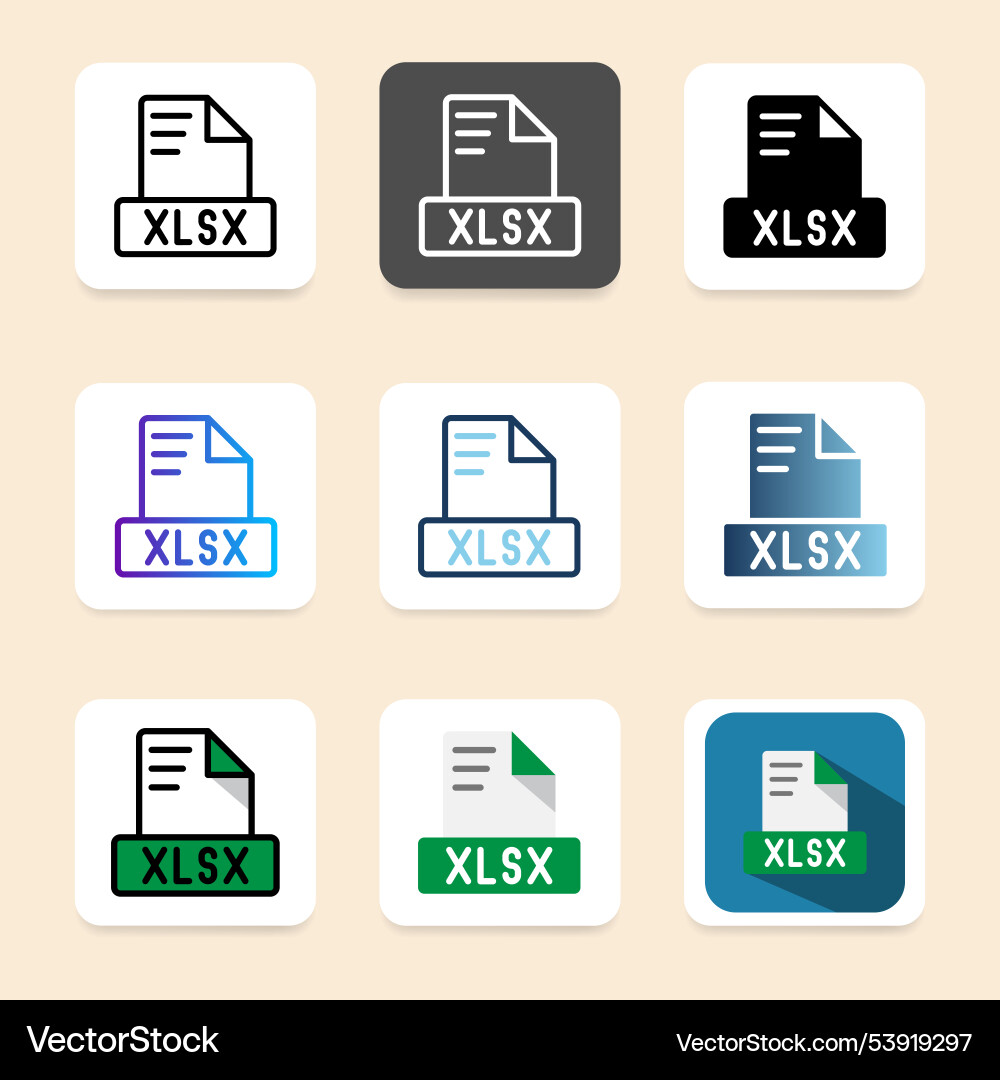 Set xlsx document format file icons simple design vector image