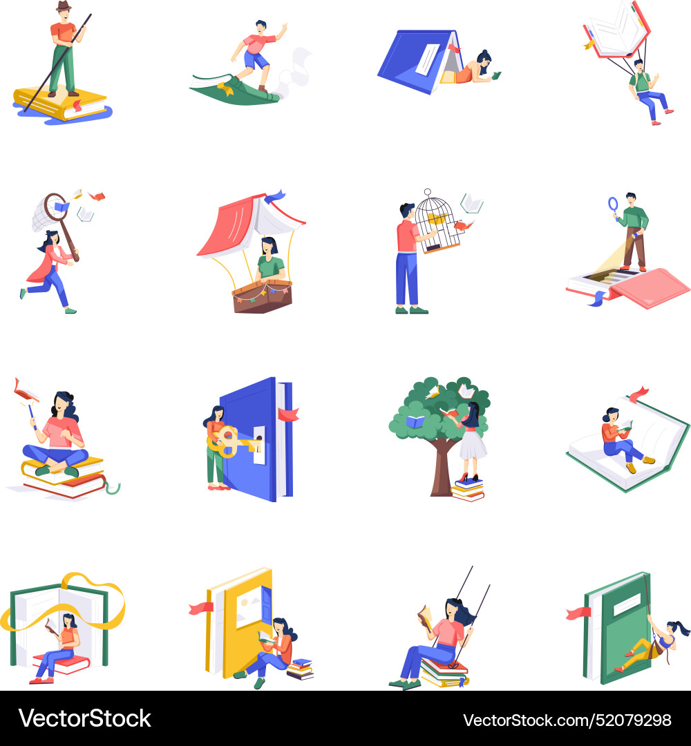 Webcollection of book reading flat character illus Vector Image