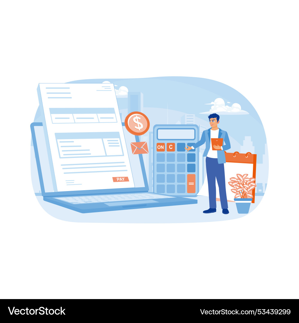 Man calculating salary with a calculator Man calculating salary with a calculator Vector Image