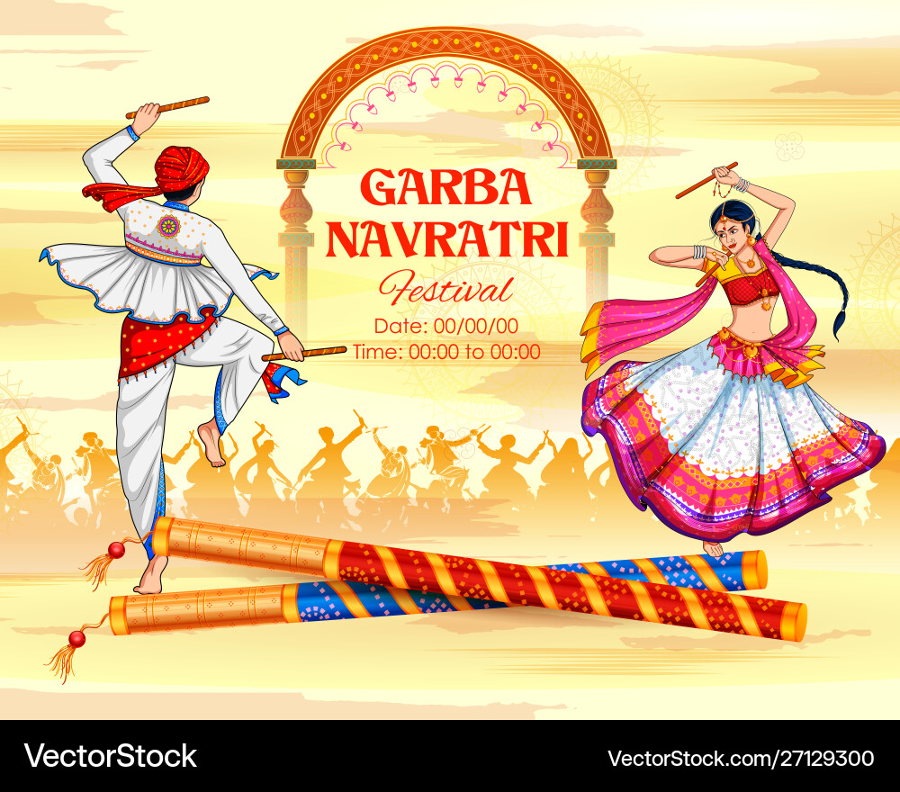 Couple playing dandiya in disco garba night banner Couple playing dandiya in disco garba night banner vector image