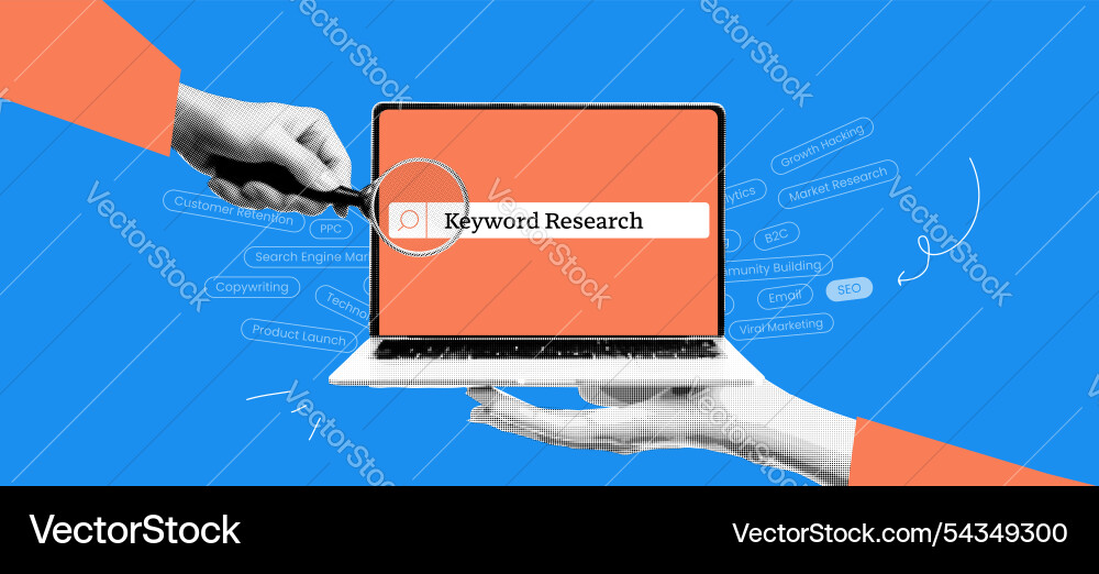 Keyword search on laptop banner collage vintage Keyword search on laptop banner collage vintage vector image