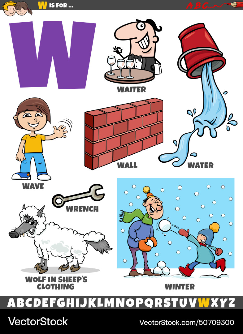 Letter w set with cartoon objects and characters Letter w set with cartoon objects and characters Vector Image