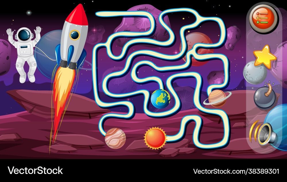Maze game with space theme template Maze game with space theme template vector image