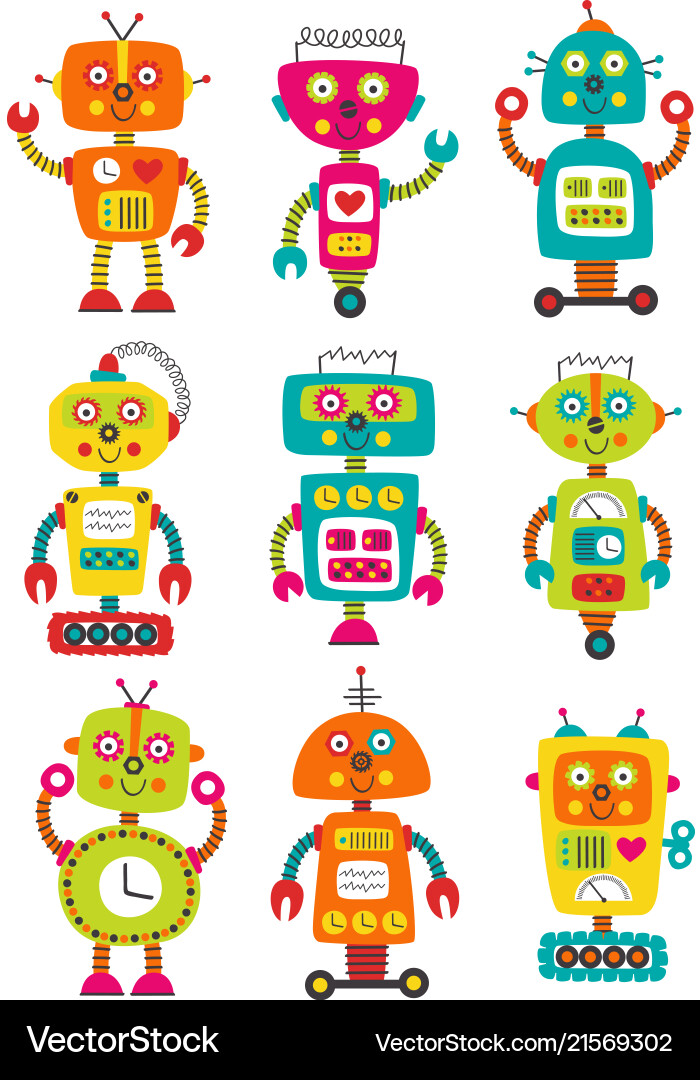 Set of isolated colorful robots Set of isolated colorful robots vector image