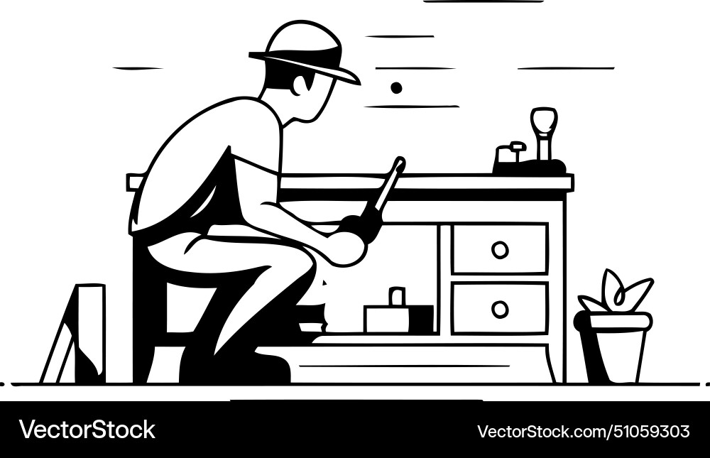 Carpenter working on a table in flat style Vector Image
