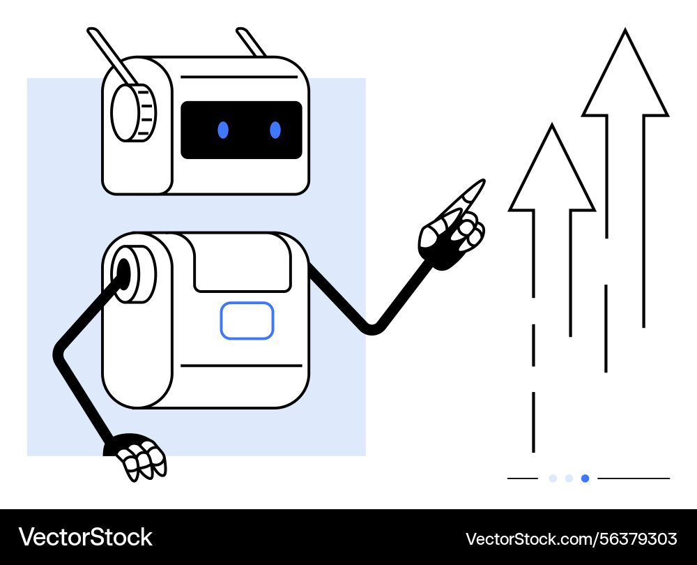 Robot gesturing towards upward arrows representing vector image