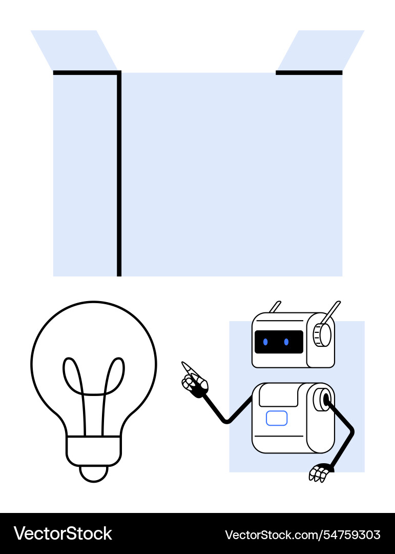 Robot thinking outside the box with lightbulb Robot thinking outside the box with lightbulb Vector Image
