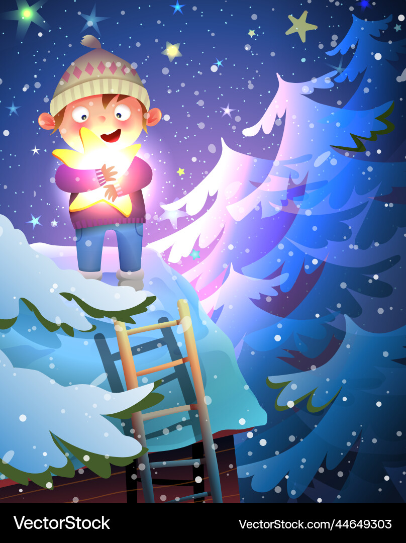 Winter Weihnachtsnacht und Junge auf dem Dach mit Sternen Winter Weihnachtsnacht und Junge auf dem Dach mit Sternen vektorbild