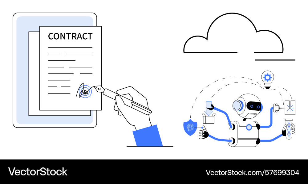 Hand signing contract and ai robot managing tasks Hand signing contract and ai robot managing tasks vector image