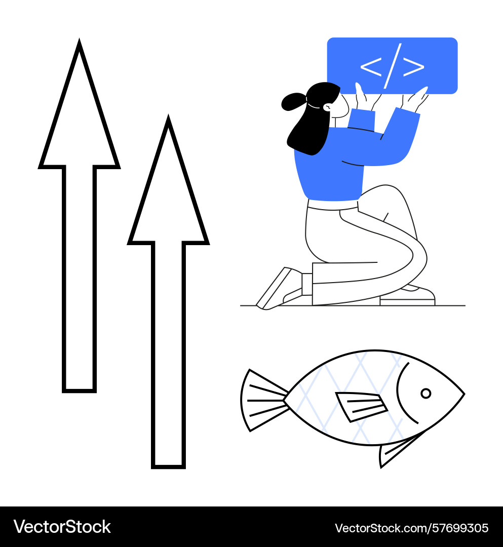Developer holding code panel two upward arrows Developer holding code panel two upward arrows vector image