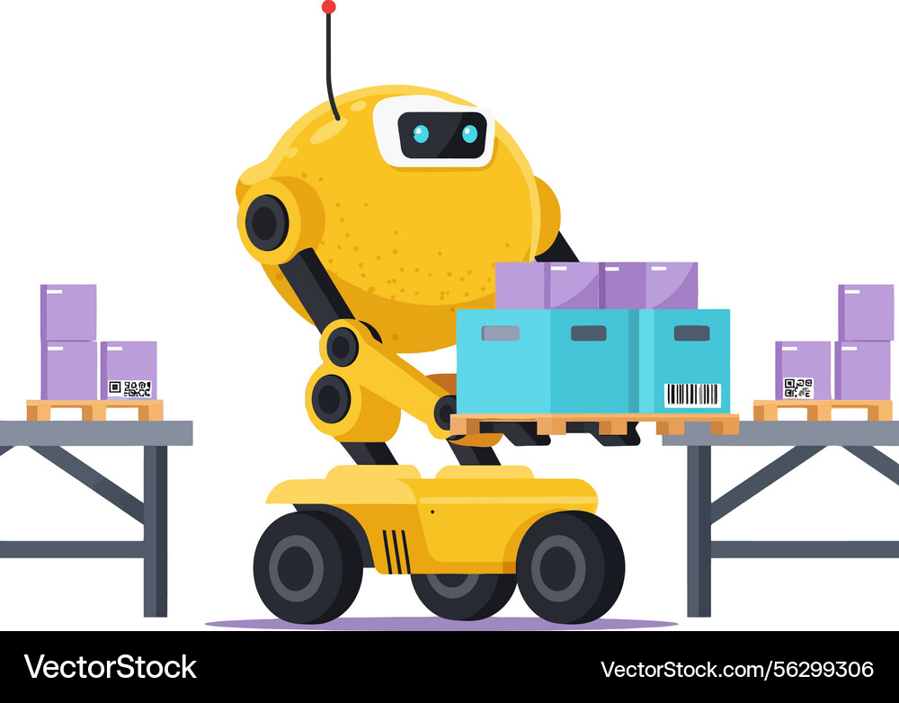 Yellow robot with wheels sorting packages Yellow robot with wheels sorting packages vector image
