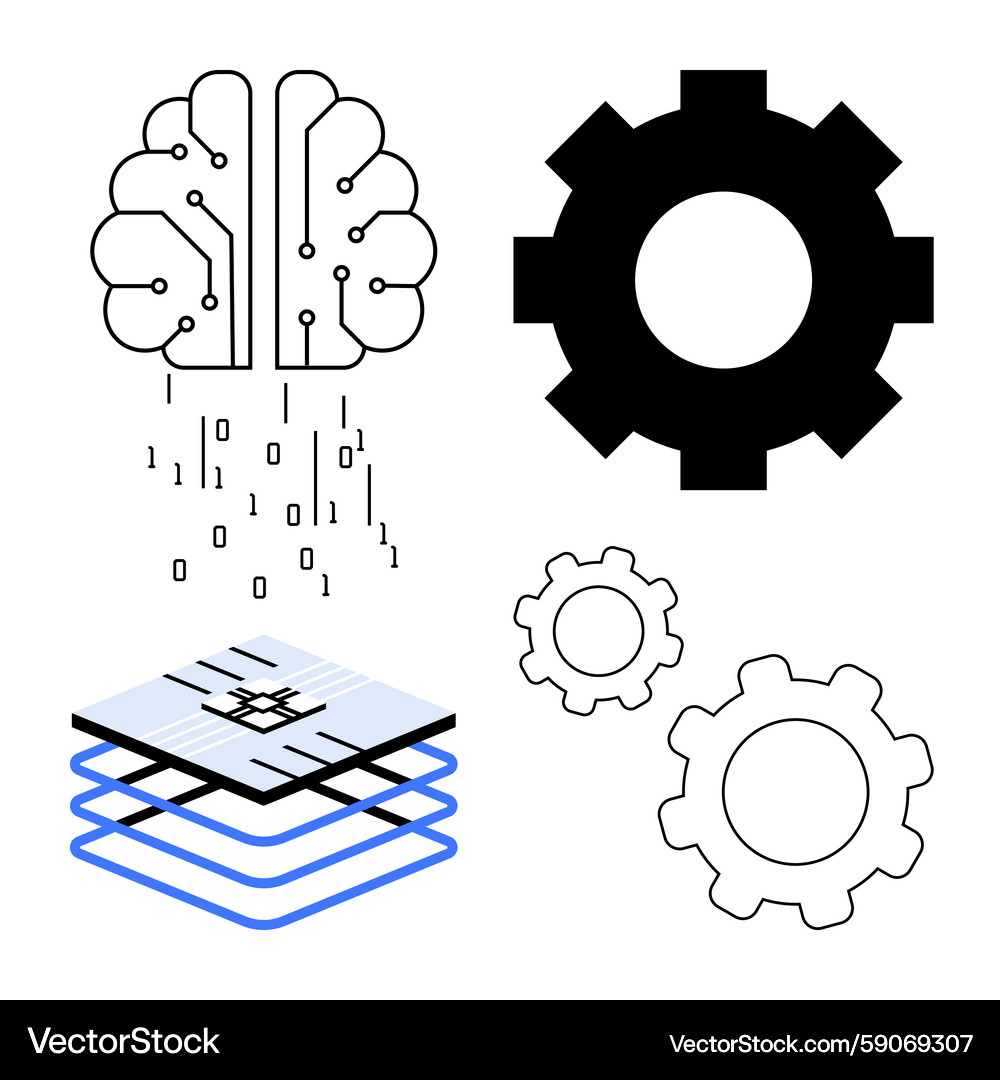 Brain icon with binary data chip layers and gear Brain icon with binary data chip layers and gear Vector Image