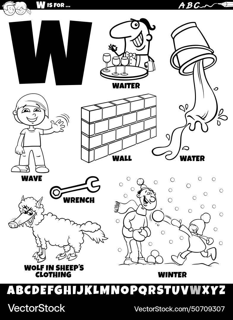 Letter w set with cartoon objects and characters Vector Image