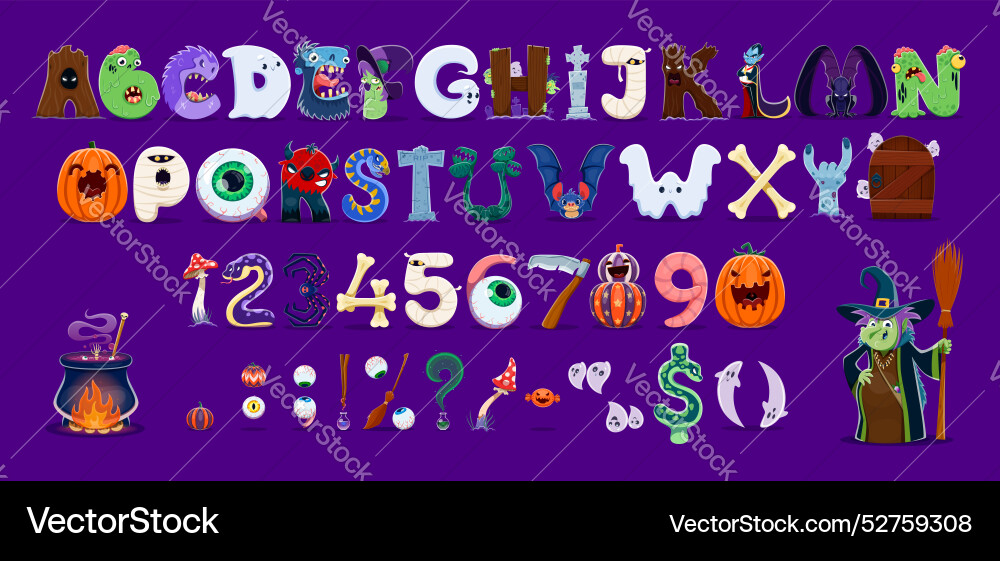 Cartoon halloween characters font scary alphabet Cartoon halloween characters font scary alphabet vector image
