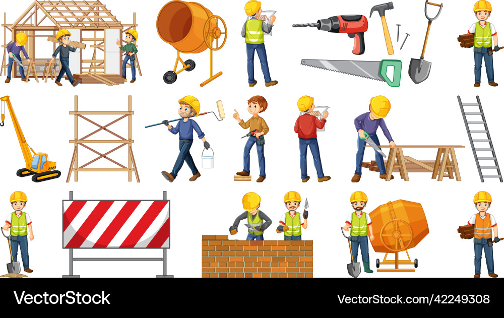 Set of construction site objects and workers vector image