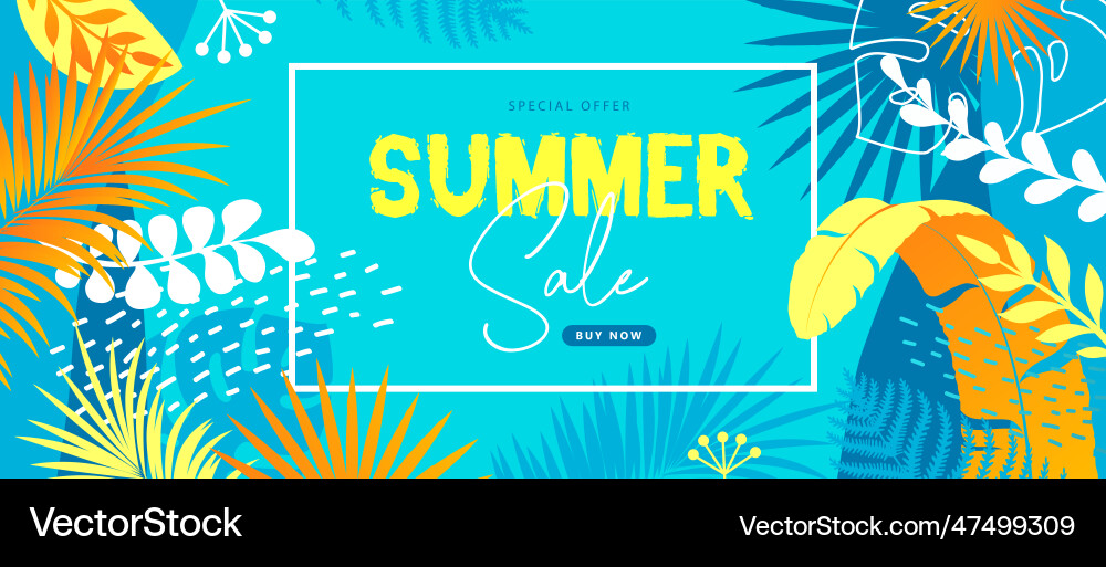 Summer big sale tropical banner with tropic leaves Summer big sale tropical banner with tropic leaves vector image
