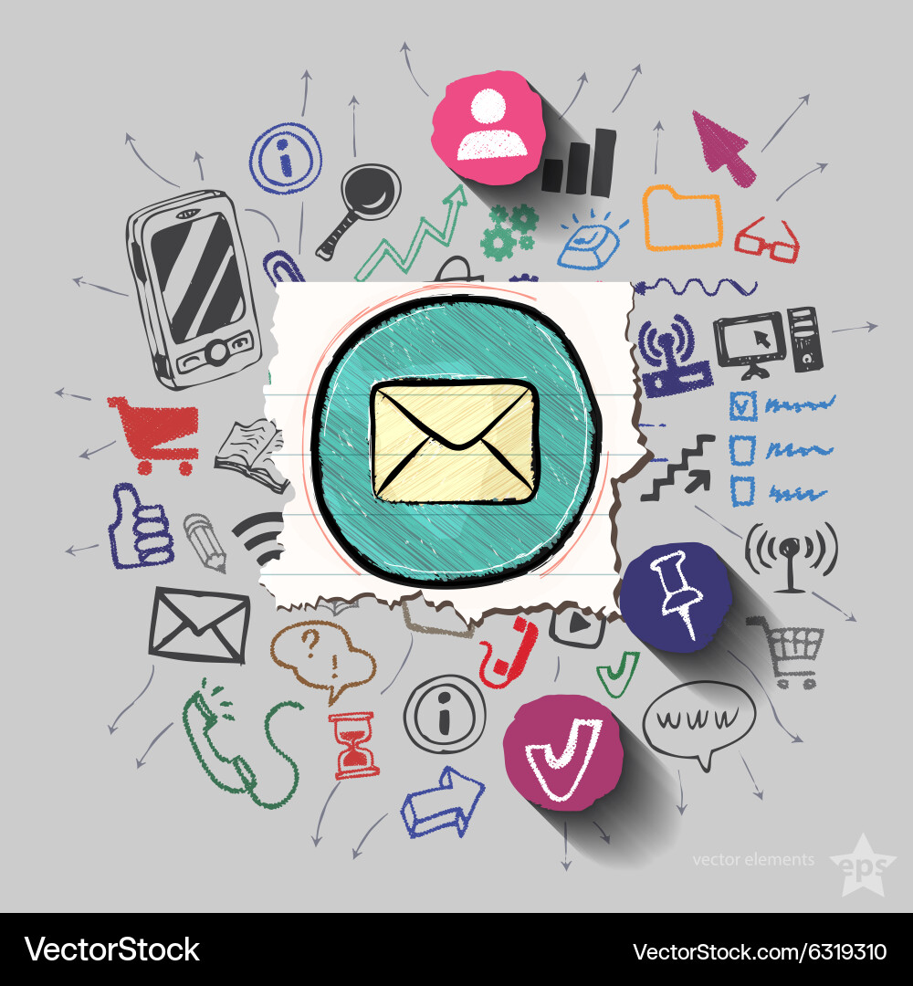 Envelope and collage with web icons background Vector Image