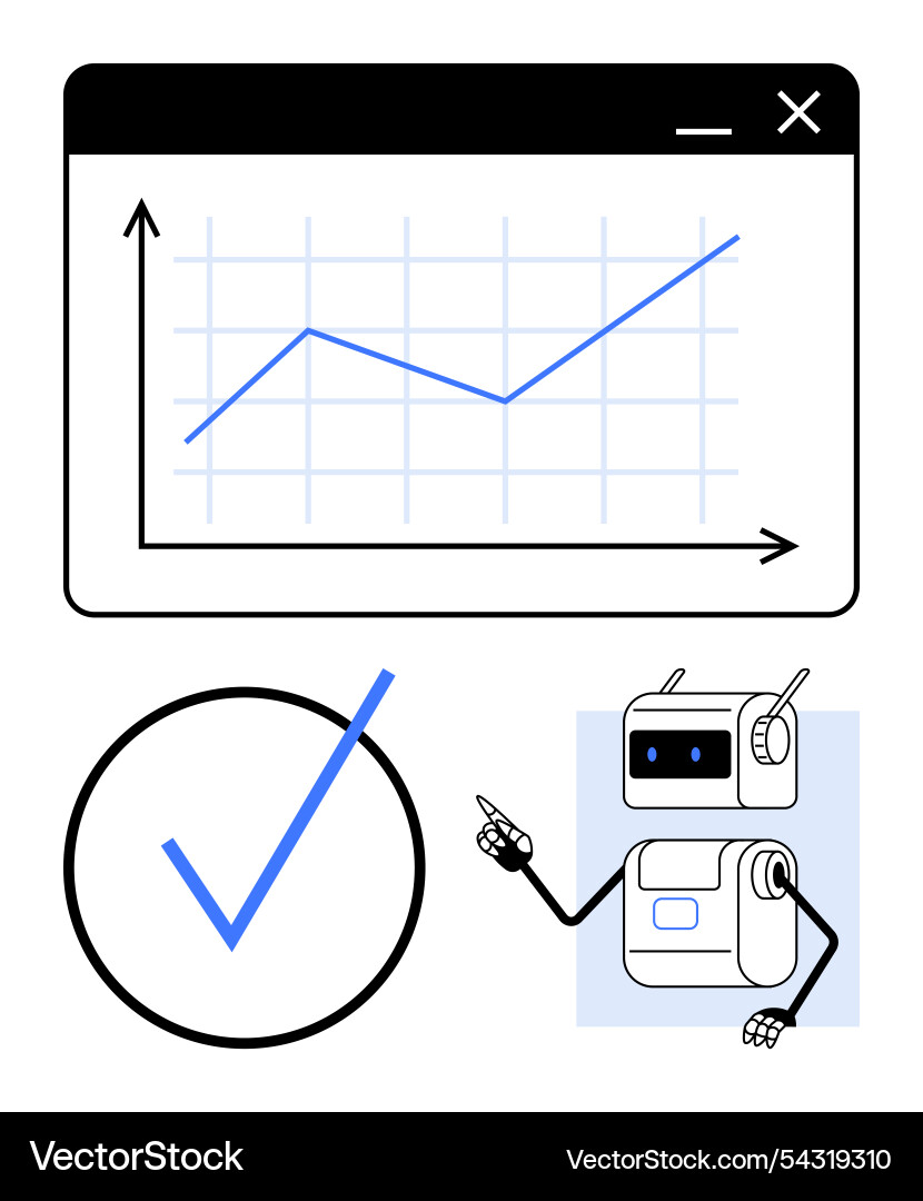 Robot pointing to upward trend graph checkmark Robot pointing to upward trend graph checkmark vector image
