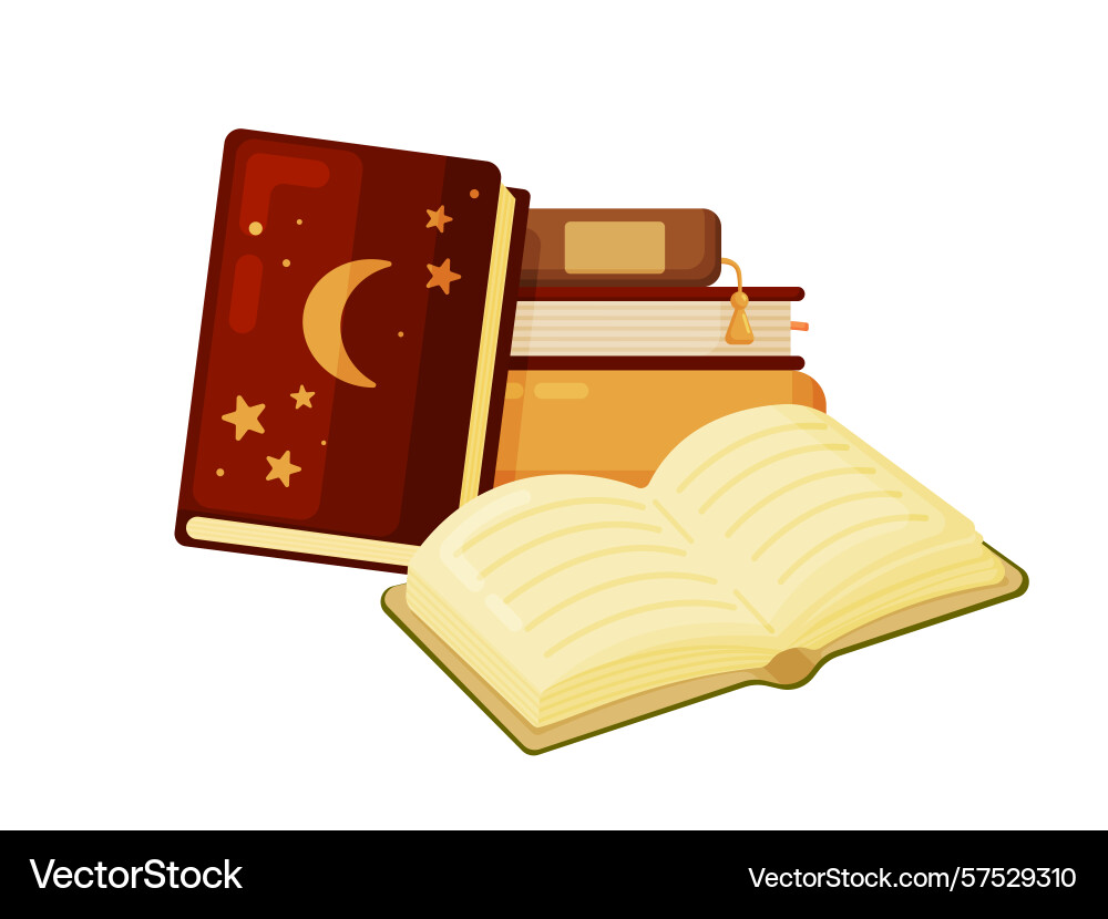 Stack of books with open magic tome Stack of books with open magic tome Vector Image