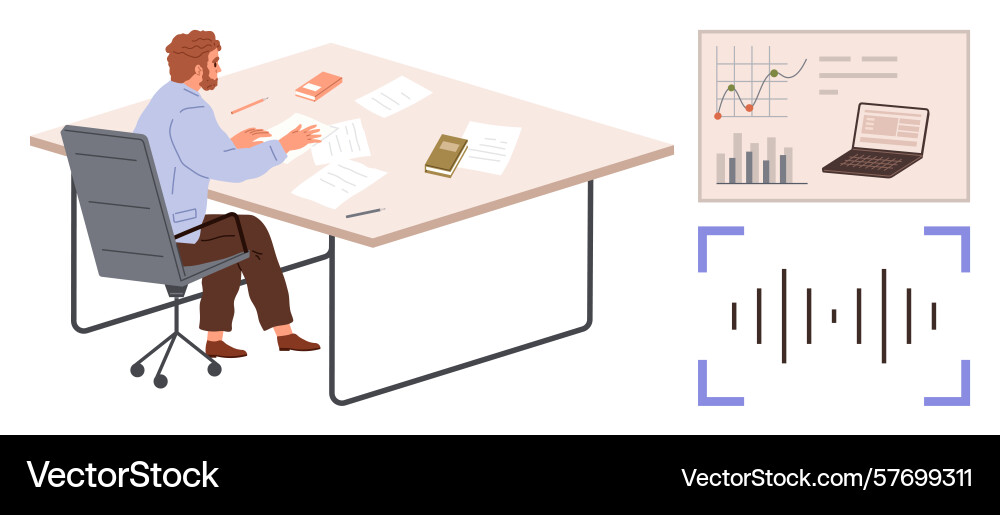Man analyzing data at desk with charts books vector image