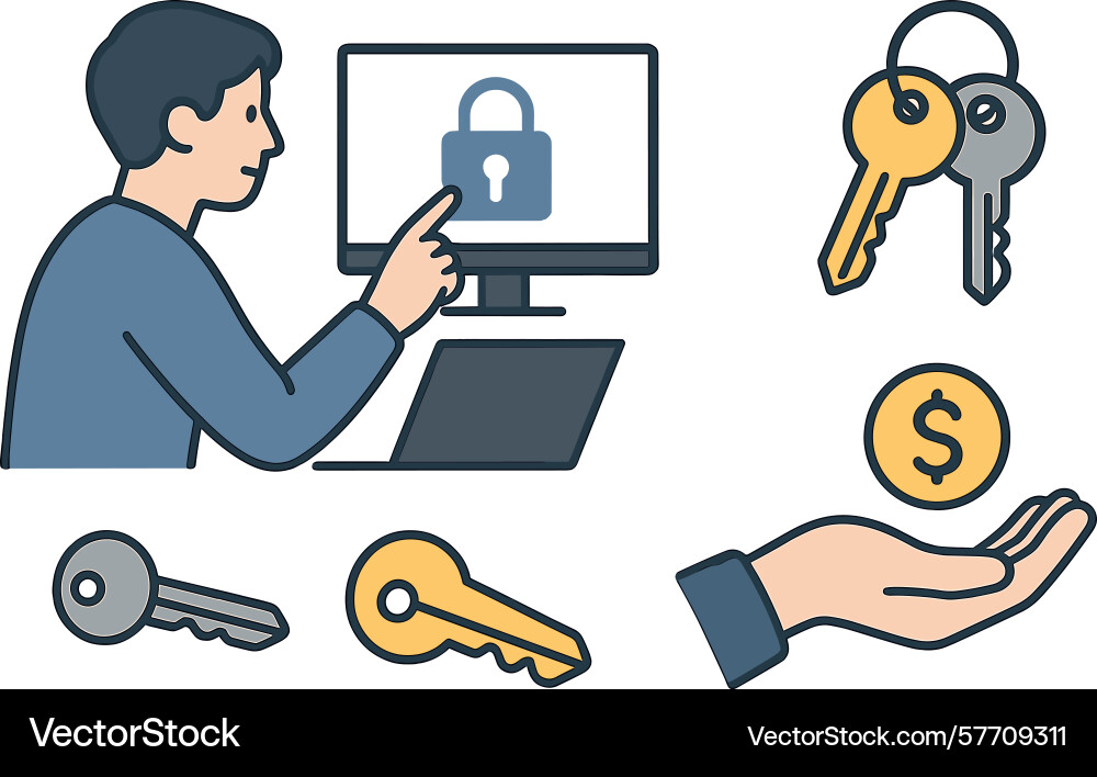 Securing finances with computer technology and key vector image