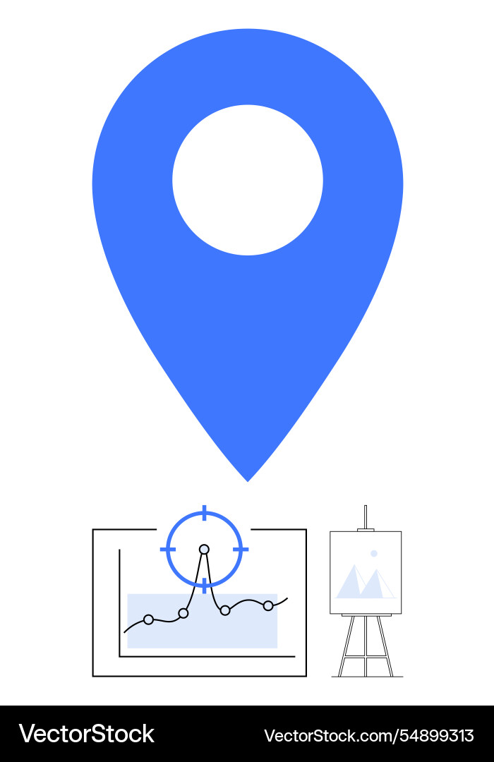 Blue location pin above a graph with target Blue location pin above a graph with target vector image