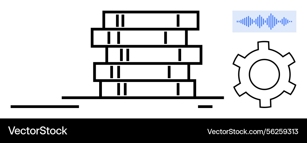 Data stack with waveform and gear representing Data stack with waveform and gear representing vector image
