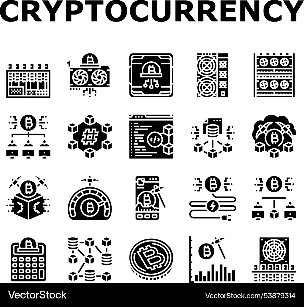 Cryptocurrency mining blockchain icons set Cryptocurrency mining blockchain icons set vector image