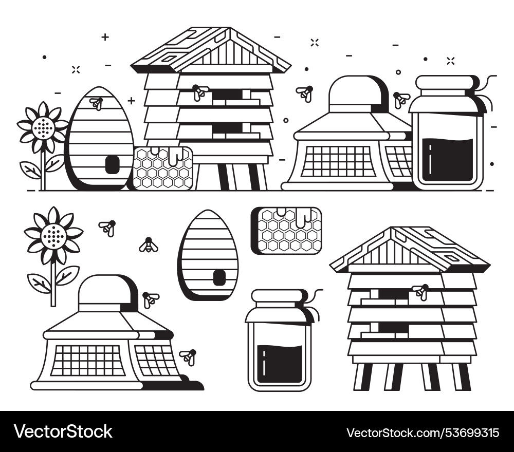 Apiary and beekeeping elements in line art Vector Image
