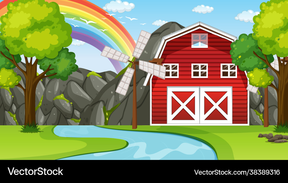 Farm landscape scene with barn and windmill Farm landscape scene with barn and windmill vector image