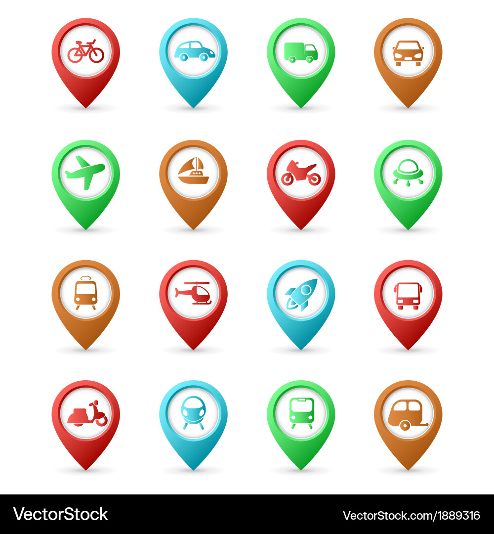 Map pins with transport icons Royalty Free Vector Image
