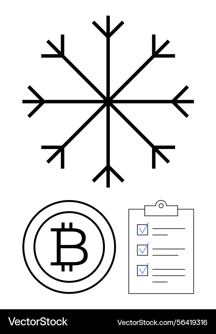 Snowflake with bitcoin symbol and checklist vector image