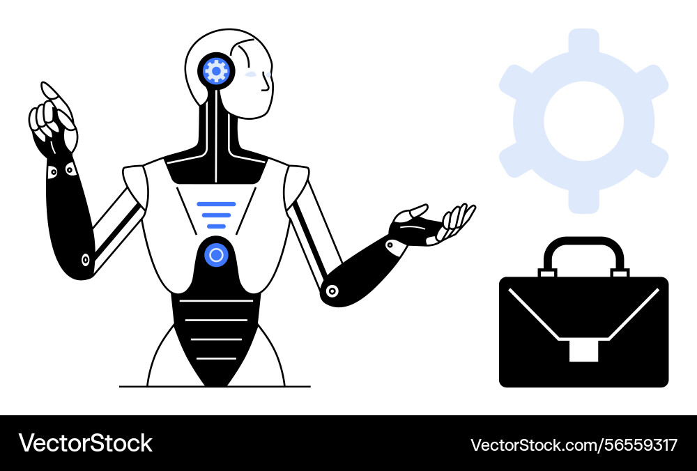 Futuristic robot gesturing with gear and briefcase Futuristic robot gesturing with gear and briefcase vector image