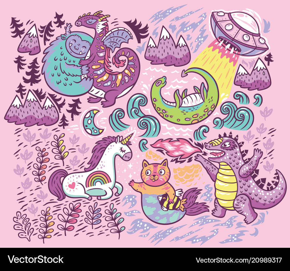 Print with fantastic creatures isolated Print with fantastic creatures isolated vector image