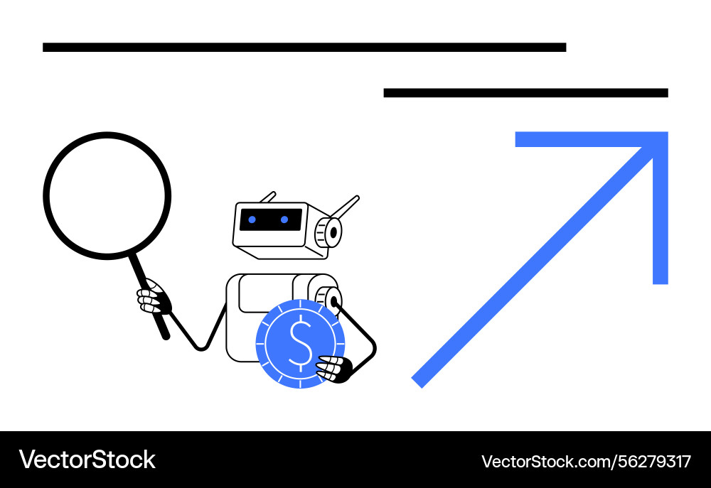 Robot analyzing with magnifier and coin Robot analyzing with magnifier and coin vector image