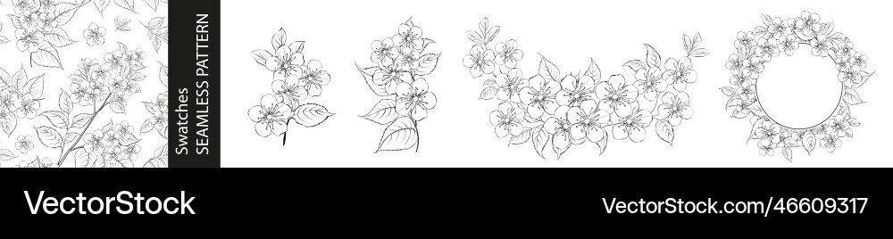 Set of different branches sakura seamless vector image