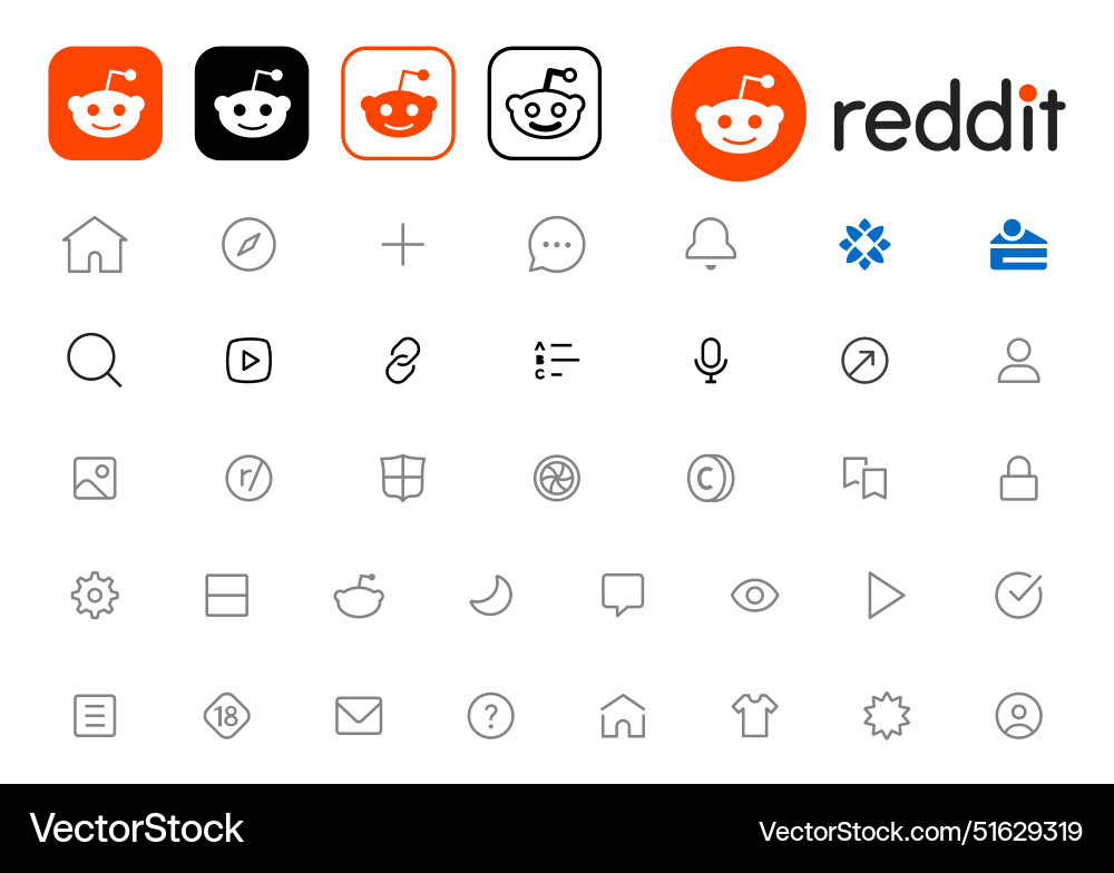 Reddit set of mobile app interface icons and logos Reddit set of mobile app interface icons and logos Vector Image