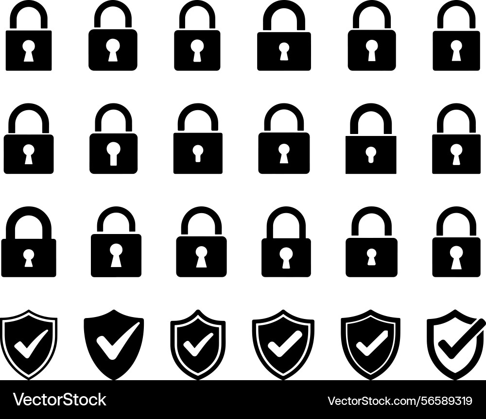 Set of padlock and shield check mark icons Set of padlock and shield check mark icons Vector Image