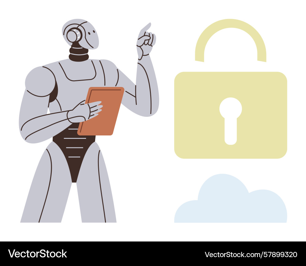 Robotic figure analyzing data security represented Robotic figure analyzing data security represented vector image