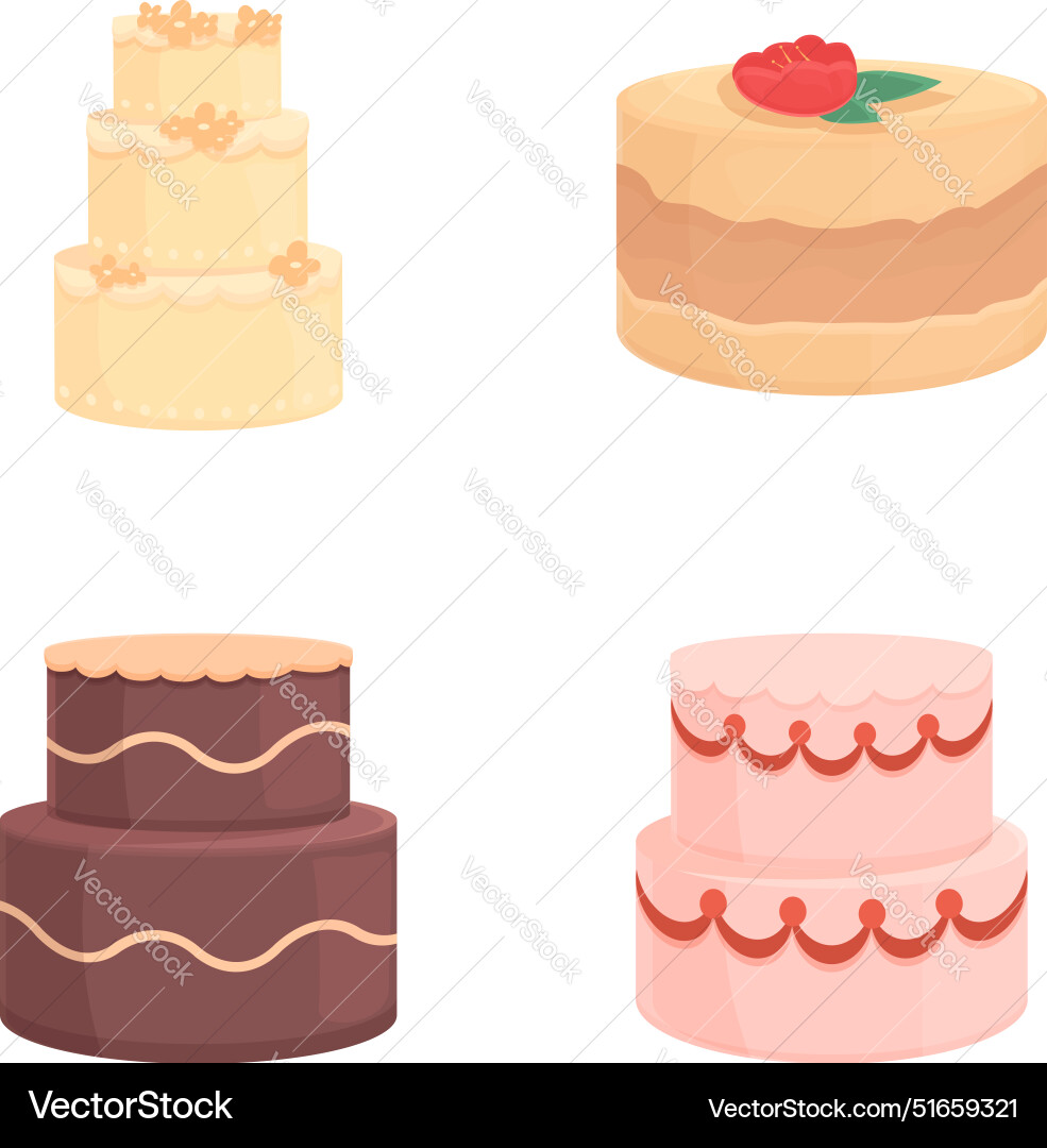 Assorted cartoon wedding cakes set Royalty Free Vector Image
