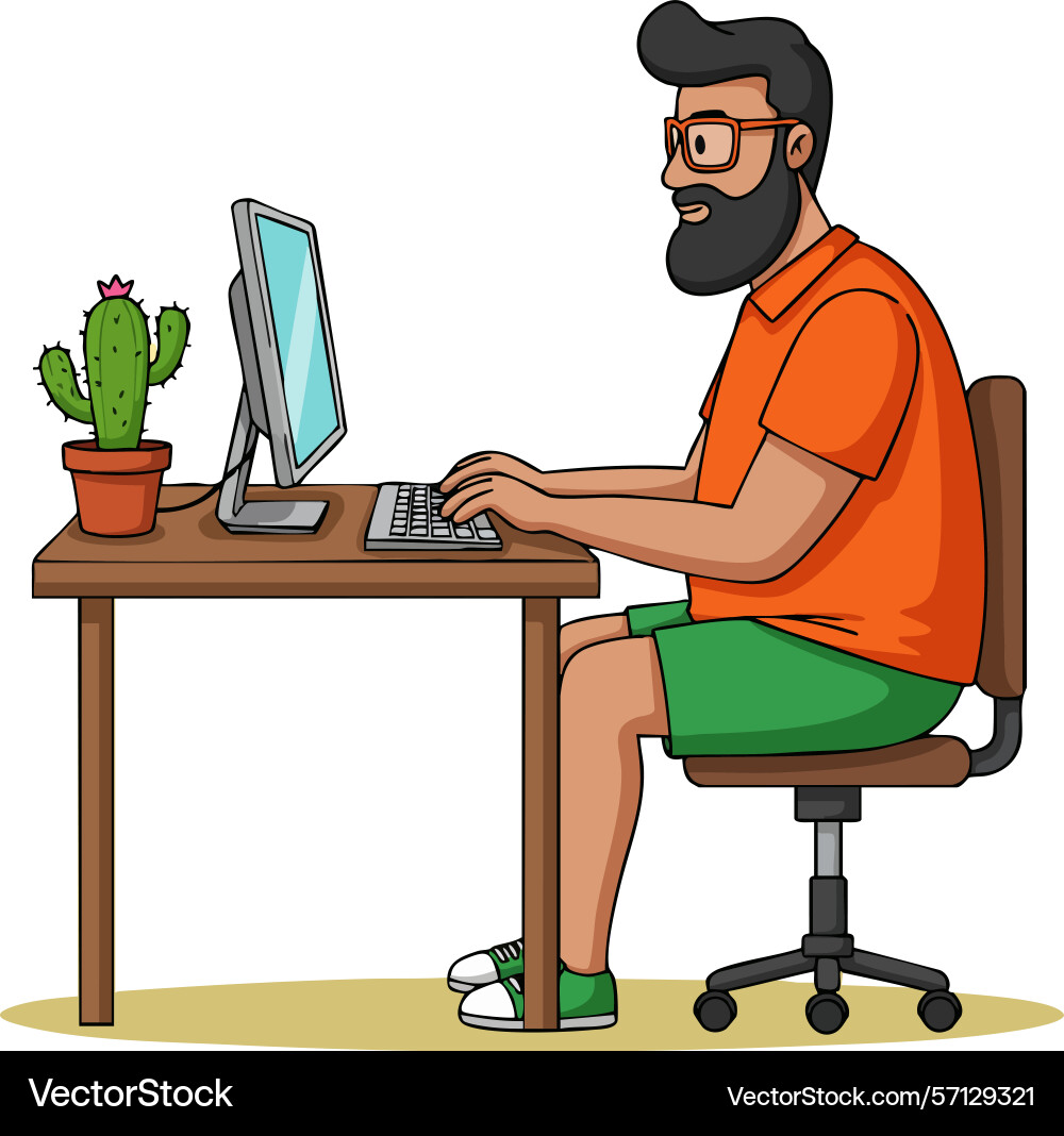 Man working on computer at desk wearing orange Man working on computer at desk wearing orange vector image